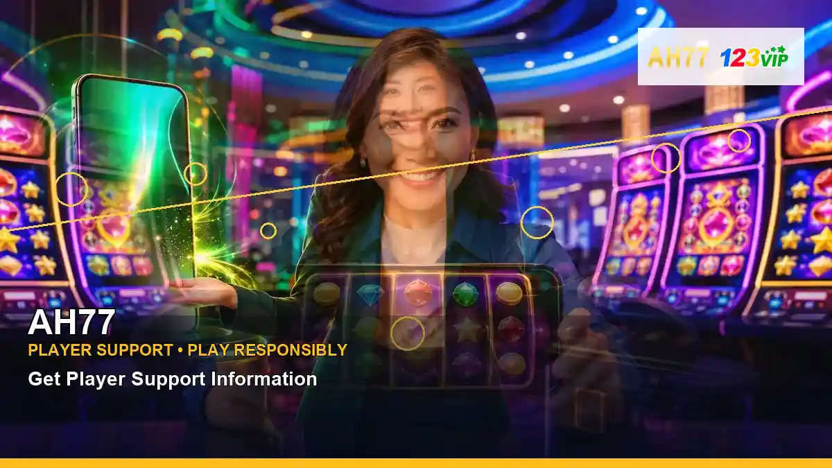 AH77 coins casino cashback rewards featuring an adult Filipina casino host with a centered composition
