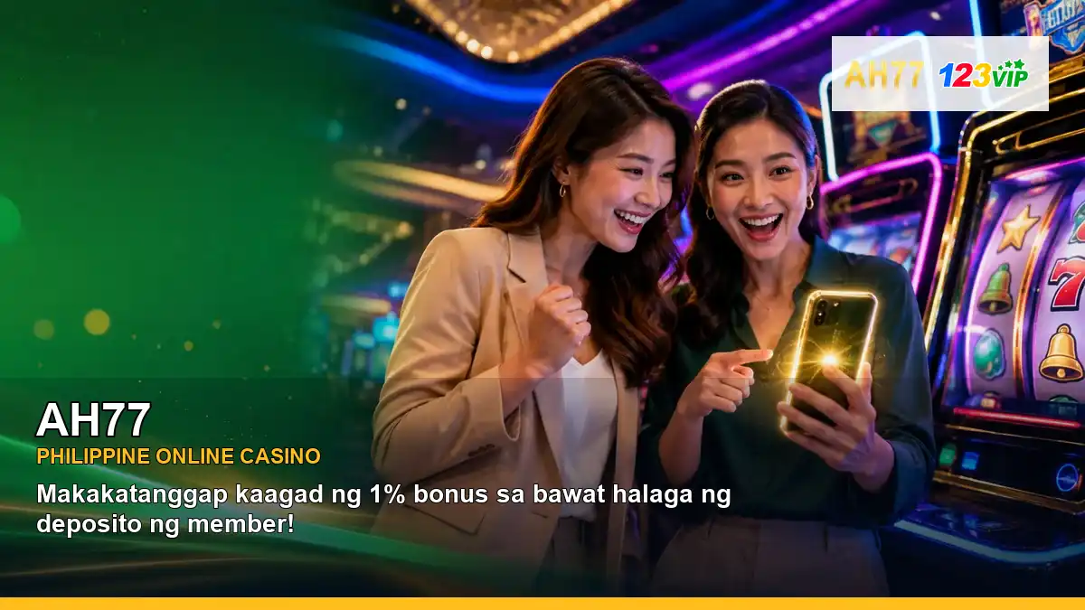 AH77 casino first deposit rewards in a radiant scene for the AH77 brand search, casino access, games, account help and safer